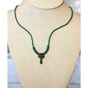 Handcrafted Green‎ Beaded Cross Necklace - 18"